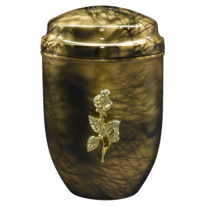 Edelplatal-Urne goldfarbig marmoriert mit Rosen-Emblem; 278 mm, ø = 183 mm Edelplatal-Urne goldfarbig marmoriert mit Rosen-Emblem; 278 mm, ø = 183 mm