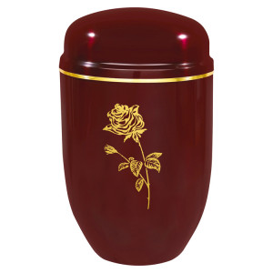 Edelplatal-Urne bordeaux mit Motiv: "ROSE" und Goldband am Deckel; 276 mm, ø = 182 mm Edelplatal-Urne bordeaux mit Motiv: "ROSE" und Goldband am Deckel; 276 mm, ø = 182 mm
