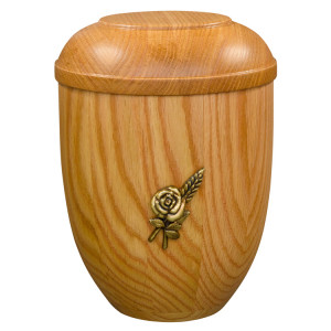 Holzurne aus Eiche matt mit Emblem Rosenknospe mit Ähre Holzurne aus Eiche matt mit Emblem Rosenknospe mit Ähre