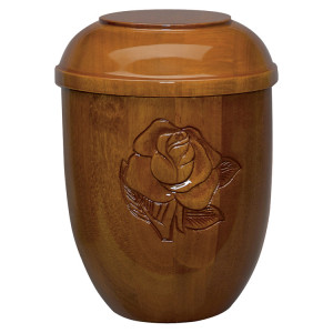 Holzurne aus Mahagoni hochgl. m. Rosen Schnitzung Holzurne aus Mahagoni hochgl. m. Rosen Schnitzung