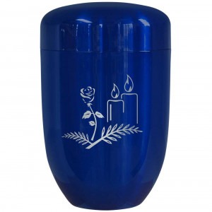 Edelplatal-Urne blau mit Motiv "Kerzen und Blume" Edelplatal-Urne blau mit Motiv "Kerzen und Blume"