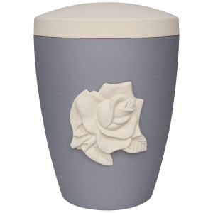 Bio-Tec³-Urne mit Emblem "Rose" samtgrau mit creme Deckel, 270 mm; ø = 195 mm Bio-Tec³-Urne mit Emblem "Rose" samtgrau mit creme Deckel, 270 mm; ø = 195 mm