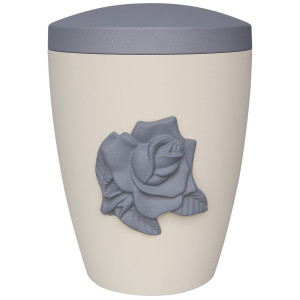Bio-Tec³-Urne mit Emblem "Rose" cremeweiß m. Deckel samtgrau, 270 mm; ø = 195 mm Bio-Tec³-Urne mit Emblem "Rose" cremeweiß m. Deckel samtgrau, 270 mm; ø = 195 mm
