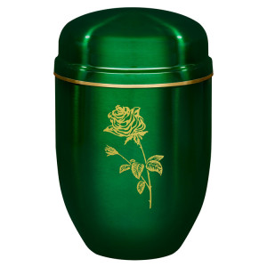 Edelplatal-Urne grün mit Motiv: "ROSE" und Goldband am Deckel; 276 mm, ø = 182 mm Edelplatal-Urne grün mit Motiv: "ROSE" und Goldband am Deckel; 276 mm, ø = 182 mm