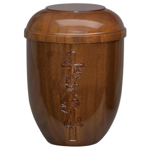 Holzurne aus Sapelli hochgl. mit Kreuz-Emblem Holzurne aus Sapelli hochgl. mit Kreuz-Emblem
