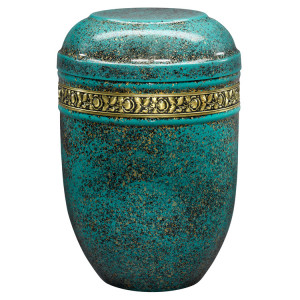 Edelplatal-Urne türkis/gold patiniert mit Rosen-Dekorband; 258 mm, ø = 183 mm Edelplatal-Urne türkis/gold patiniert mit Rosen-Dekorband; 258 mm, ø = 183 mm