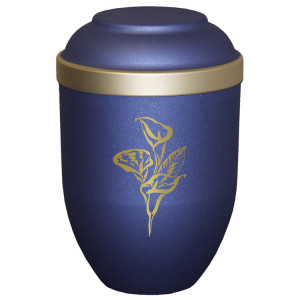 Bio-Tec³ Urne mit Motiv:"Calla" blau matt mit Golddeckelrand; 280 mm, ø = 185 mm Bio-Tec³ Urne mit Motiv:"Calla" blau matt mit Golddeckelrand; 280 mm, ø = 185 mm