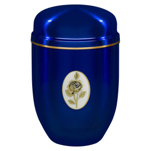 Edelplatal-Urne blau mit Rosenbild und Goldband am Deckelrand; 276 mm, ø = 182 mm Edelplatal-Urne blau mit Rosenbild und Goldband am Deckelrand; 276 mm, ø = 182 mm