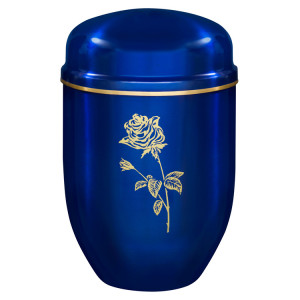 Edelplatal-Urne königsblau mit Motiv: "ROSE" und Goldband am Deckel; 276 mm, ø = 182 mm Edelplatal-Urne königsblau mit Motiv: "ROSE" und Goldband am Deckel; 276 mm, ø = 182 mm