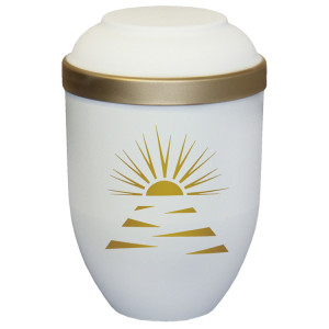 Bio-Tec³ Urne mit Motiv:"Sonnenuntergang" sandbeige matt mit Golddeckelrand; 280 mm, ø = 185 mm Bio-Tec³ Urne mit Motiv:"Sonnenuntergang" sandbeige matt mit Golddeckelrand; 280 mm, ø = 185 mm