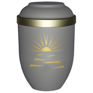 Bio-Tec³ Urne mit Motiv:"Sonnenuntergang" teak matt mit Golddeckelrand; 280 mm, ø = 185 mm Bio-Tec³ Urne mit Motiv:"Sonnenuntergang" teak matt mit Golddeckelrand; 280 mm, ø = 185 mm