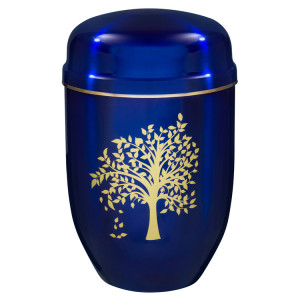 Edelplatal-Urne königsblau mit Motiv: "LEBENSBAUM" und Goldband am Deckel; 276 mm, ø = 182 mm Edelplatal-Urne königsblau mit Motiv: "LEBENSBAUM" und Goldband am Deckel; 276 mm, ø = 182 mm