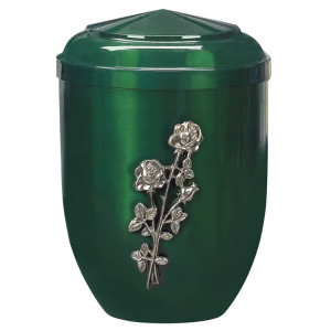 Edelplatal-Urne grün mit silberfarbigem Metallguss-Emblem "Rose"; 262 mm, ø = 183 mm Edelplatal-Urne grün mit silberfarbigem Metallguss-Emblem "Rose"; 262 mm, ø = 183 mm