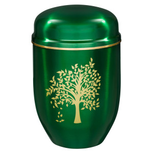 Edelplatal-Urne grün mit Motiv: "LEBENSBAUM" und Goldband am Deckel; 276 mm, ø = 182 mm Edelplatal-Urne grün mit Motiv: "LEBENSBAUM" und Goldband am Deckel; 276 mm, ø = 182 mm