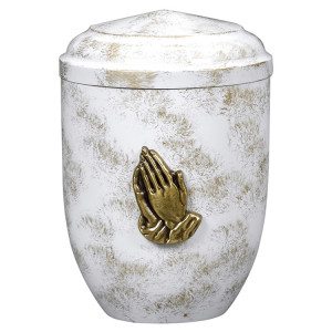 Edelplatal-Urne weiß, antik gold patiniert mit betenden Händen (Messing); 262 mm, ø = 183 mm Edelplatal-Urne weiß, antik gold patiniert mit betenden Händen (Messing); 262 mm, ø = 183 mm