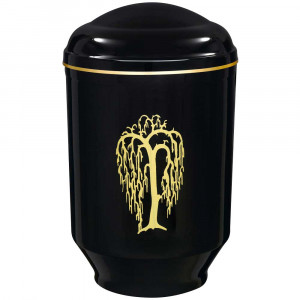 Edelplatal-Urne schwarz Hochglanz mit Motiv "Trauerweide" Edelplatal-Urne schwarz Hochglanz mit Motiv "Trauerweide"