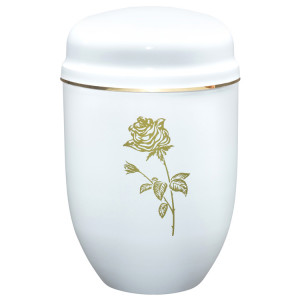 Edelplatal-Urne weiß mit Motiv: "ROSE" und Goldband am Deckel; 276 mm, ø = 182 mm Edelplatal-Urne weiß mit Motiv: "ROSE" und Goldband am Deckel; 276 mm, ø = 182 mm