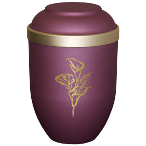 Bio-Tec³ Urne mit Motiv:"Calla" brombeer matt mit Golddeckelrand; 280 mm, ø = 185 mm Bio-Tec³ Urne mit Motiv:"Calla" brombeer matt mit Golddeckelrand; 280 mm, ø = 185 mm