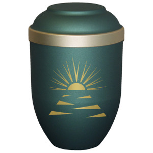Bio-Tec³ Urne mit Motiv:"Sonnenuntetgang" grün matt mit Golddeckelrand; 280 mm, ø = 185 mm Bio-Tec³ Urne mit Motiv:"Sonnenuntetgang" grün matt mit Golddeckelrand; 280 mm, ø = 185 mm