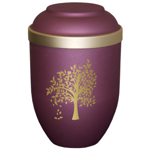 Bio-Tec³ Urne mit Motiv:"Baum" brombeer matt mit Golddeckelrand; 280 mm, ø = 185 mm Bio-Tec³ Urne mit Motiv:"Baum" brombeer matt mit Golddeckelrand; 280 mm, ø = 185 mm