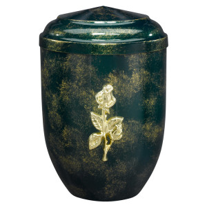 Edelplatal-Urne grün, antik gold patiniert mit massiver Rose; 262 mm, ø = 183 mm Edelplatal-Urne grün, antik gold patiniert mit massiver Rose; 262 mm, ø = 183 mm