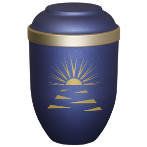 Bio-Tec³ Urne mit Motiv:"Sonnenuntergang" blau matt mit Golddeckelrand; 280 mm, ø = 185 mm Bio-Tec³ Urne mit Motiv:"Sonnenuntergang" blau matt mit Golddeckelrand; 280 mm, ø = 185 mm