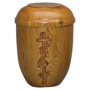 Holzurne aus Eiche matt mit Kreuz-Schnitzung Holzurne aus Eiche matt mit Kreuz-Schnitzung