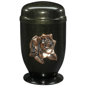 Edelplatal-Urne schwarz mit Glimmer-Effekt auf Sockel m. verkupferter Rose; 292 mm, ø = 182 mm Edelplatal-Urne schwarz mit Glimmer-Effekt auf Sockel m. verkupferter Rose; 292 mm, ø = 182 mm