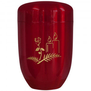 Edelplatal-Urne bordeaux mit Motiv "Kerzen und Blume" Edelplatal-Urne bordeaux mit Motiv "Kerzen und Blume"