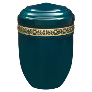 Edelplatal-Urne dunkelgrün mit spitzem Deckel und Rosen-Dekorband; 262 mm, ø = 183 mm Edelplatal-Urne dunkelgrün mit spitzem Deckel und Rosen-Dekorband; 262 mm, ø = 183 mm