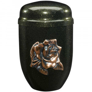 Edelplatal-Urne schwarz metallic mit Emblem "Rose" Edelplatal-Urne schwarz metallic mit Emblem "Rose"