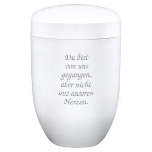 Edelplatal-Urne weiß mit Gedenktext #2 (silber); 279 mm, ø = 181 mm Edelplatal-Urne weiß mit Gedenktext #2 (silber); 279 mm, ø = 181 mm