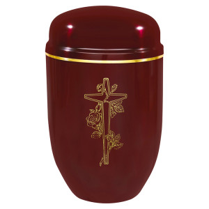Edelplatal-Urne bordeaux mit Motiv: "KREUZ/ROSE" und Goldband am Deckel; 276 mm, ø = 182 mm Edelplatal-Urne bordeaux mit Motiv: "KREUZ/ROSE" und Goldband am Deckel; 276 mm, ø = 182 mm
