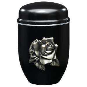 Edelplatal-Urne schwarz mit Emblem "ROSE" und Silberband am Deckel; 276 mm, ø = 182 mm Edelplatal-Urne schwarz mit Emblem "ROSE" und Silberband am Deckel; 276 mm, ø = 182 mm