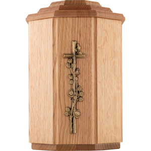 Holzurne aus Eiche natur achteckig mit Emblem Rosenkreuz Holzurne aus Eiche natur achteckig mit Emblem Rosenkreuz
