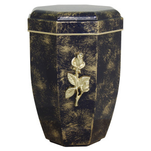 Edelplatal-Urne achteckig blau, gold patiniert mit massiver Rose; 265 mm, ø = 194 mm Edelplatal-Urne achteckig blau, gold patiniert mit massiver Rose; 265 mm, ø = 194 mm