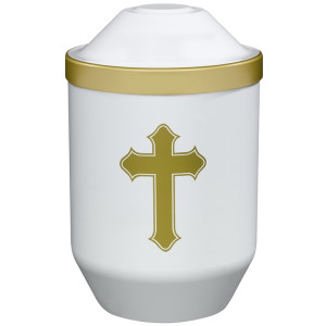Bio-Tec³-Urne weiß mit Motiv: "Design-Kreuz gold" Bio-Tec³-Urne weiß mit Motiv: "Design-Kreuz gold"