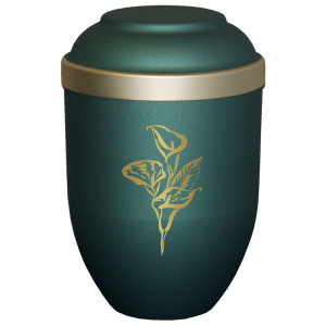 Bio-Tec³ Urne mit Motiv:"Calla" grün matt mit Golddeckelrand; 280 mm, ø = 185 mm Bio-Tec³ Urne mit Motiv:"Calla" grün matt mit Golddeckelrand; 280 mm, ø = 185 mm