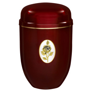 Edelplatal-Urne bordeauxrot mit Rosenbild und Goldband am Deckelrand; 276 mm, ø = 182 mm Edelplatal-Urne bordeauxrot mit Rosenbild und Goldband am Deckelrand; 276 mm, ø = 182 mm