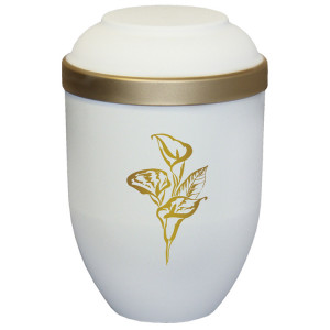 Bio-Tec³ Urne mit Motiv:"Calla" sandbeige matt mit Golddeckelrand; 280 mm, ø = 185 mm Bio-Tec³ Urne mit Motiv:"Calla" sandbeige matt mit Golddeckelrand; 280 mm, ø = 185 mm