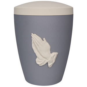 Bio-Tec³-Urne mit Emblem "betende Hände" samtgrau mit creme Deckel, 270 mm; ø = 195 mm Bio-Tec³-Urne mit Emblem "betende Hände" samtgrau mit creme Deckel, 270 mm; ø = 195 mm