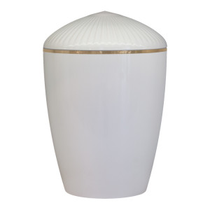 Bio-Tec³ Urne mit Deckel Lamell weiß glänzend mit Goldband; 285 mm, ø = 195 mm Bio-Tec³ Urne mit Deckel Lamell weiß glänzend mit Goldband; 285 mm, ø = 195 mm