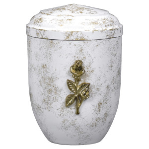 Edelplatal-Urne weiß, antik gold patiniert mit massiver Rose; 262 mm, ø = 183 mm Edelplatal-Urne weiß, antik gold patiniert mit massiver Rose; 262 mm, ø = 183 mm