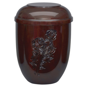 Holzurne aus Sapelli hochgl. mit Rosen Schnitzung Holzurne aus Sapelli hochgl. mit Rosen Schnitzung