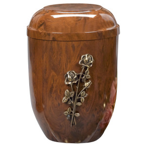 Edelplatal-Urne in Wurzelholzoptik mit Rosen-Emblem; 258 mm, ø = 183 mm Edelplatal-Urne in Wurzelholzoptik mit Rosen-Emblem; 258 mm, ø = 183 mm